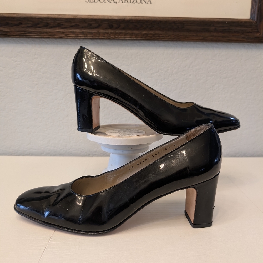 Salvatore Ferragamo Black Patent Leather Block Heel Square Toe Pumps Mens 8.5 B